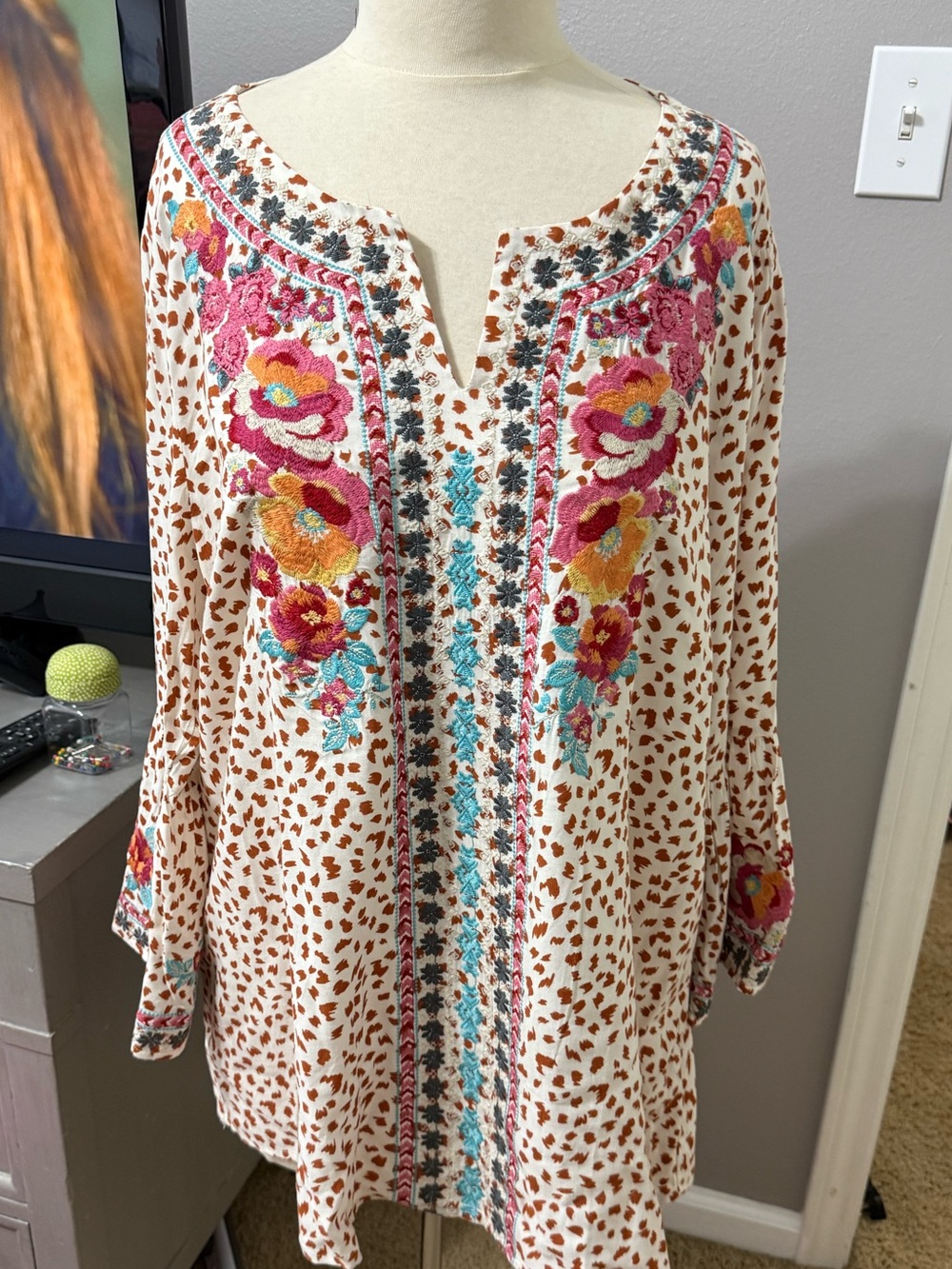 Savanna Jane 1X Embroidered Leopard Boho Tunic Top